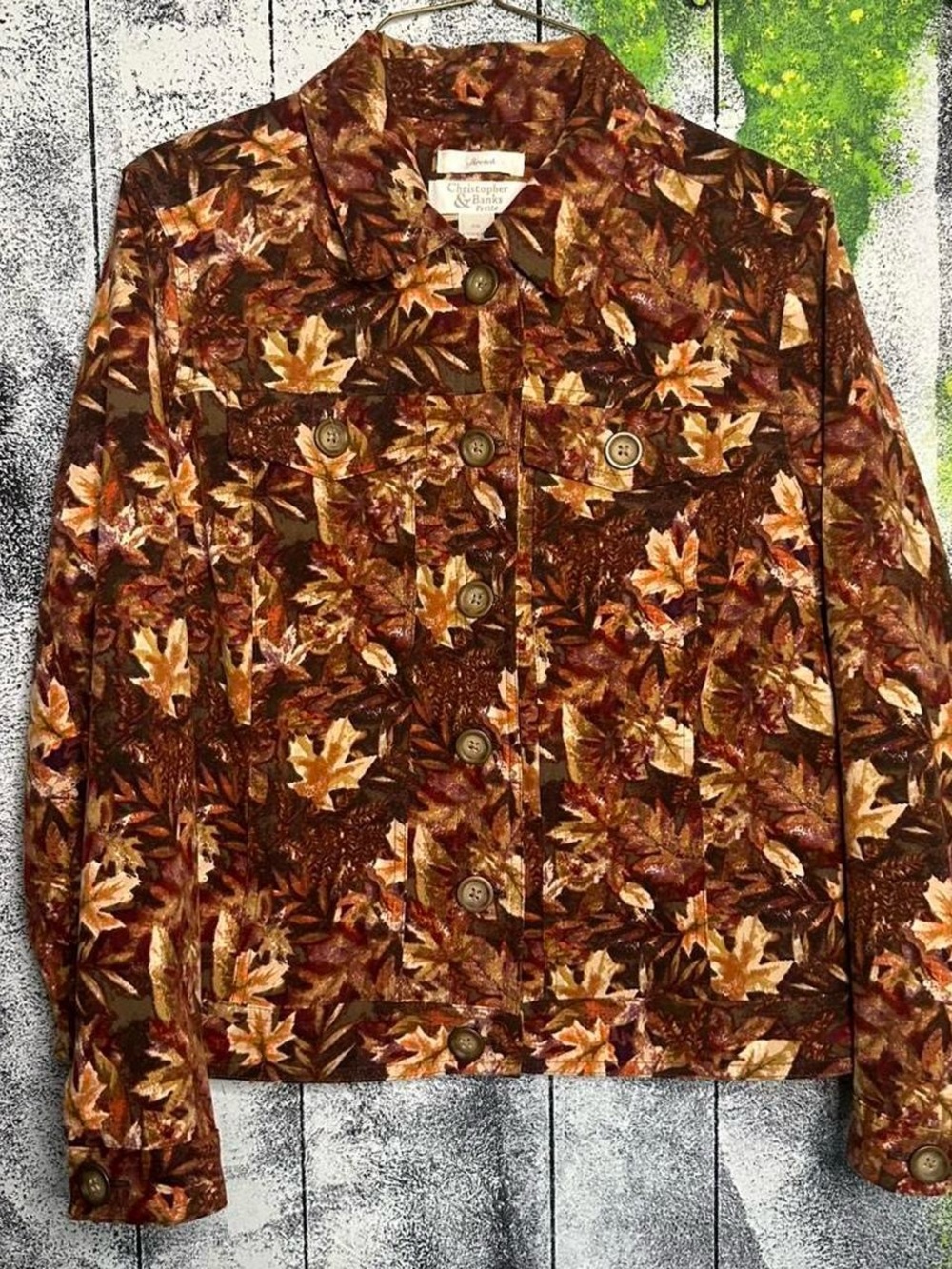 Christopher & Banks Brown Multi Autumn Leaf Print Jean Jacket